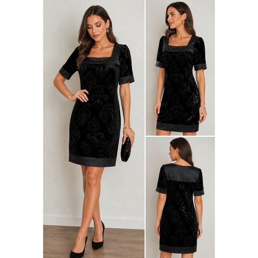 BCBG Paris Black Burnout Velvet Dress Damask Sheath Cocktail Evening Sz 10